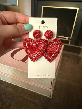 J.Crew Red Beaded Heart Drop Earrings with Gold Accent